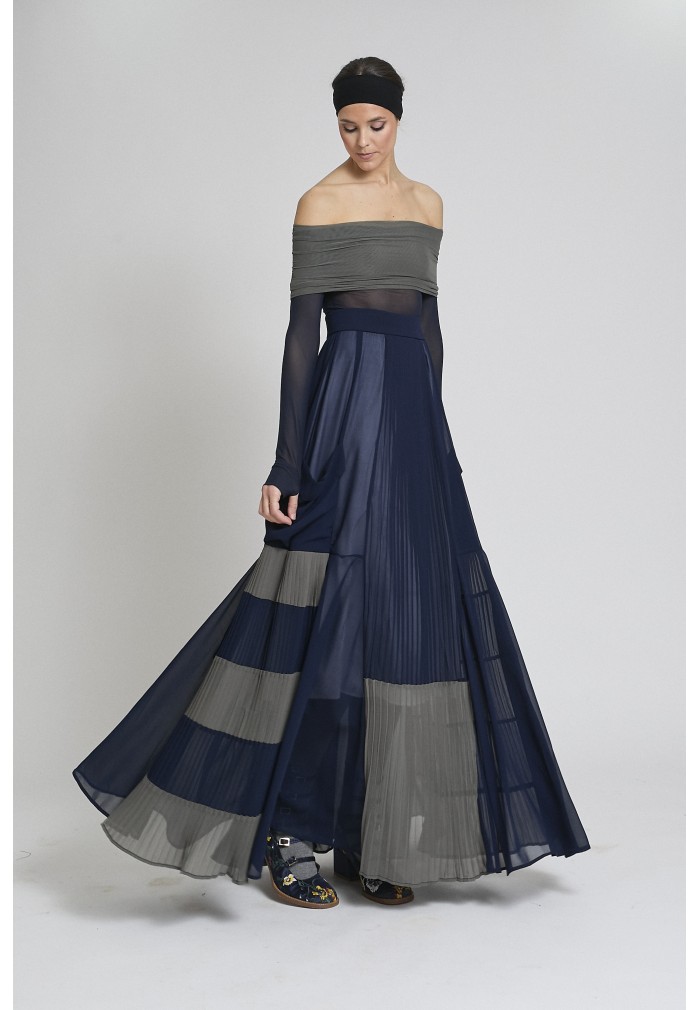 FALDA PLISADA AZULL MARINO CON RAYA GRIS Y NAVY