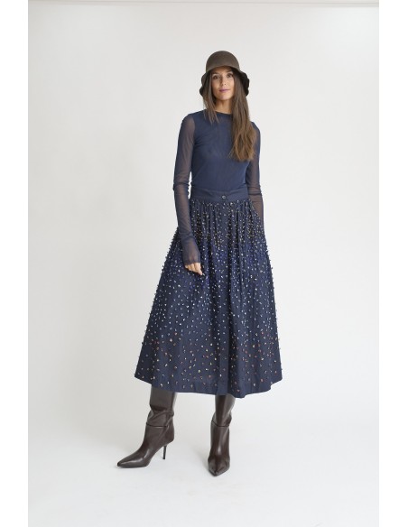 FALDA FLORES BORDADA AZUL